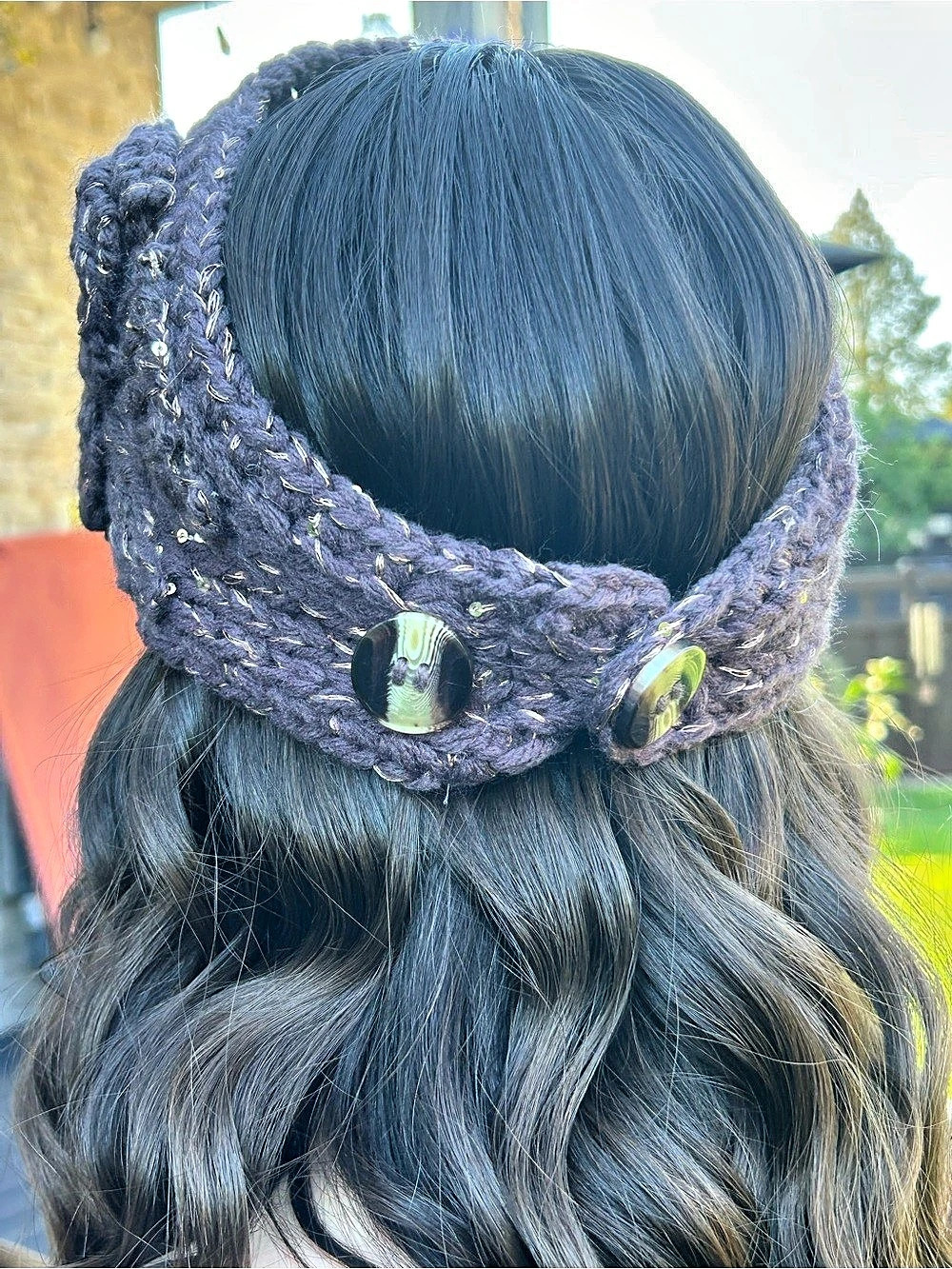 Knitted Button Hair Wrap Winter headband in dark Purple
